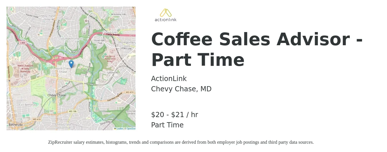 ActionLink job posting for a Coffee Sales Advisor - Part Time in Chevy Chase, MD with a salary of $21 to $22 Hourly with a map of Chevy Chase location.