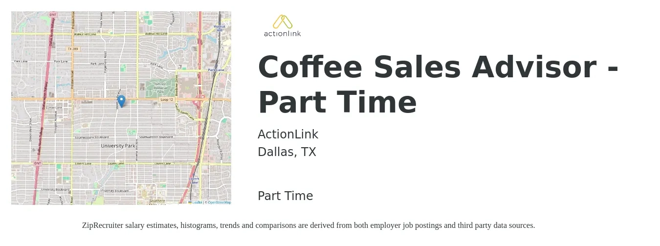ActionLink job posting for a Coffee Sales Advisor - Part Time in Dallas, TX with a salary of $20 to $32 Hourly with a map of Dallas location.