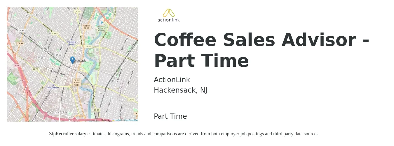 ActionLink job posting for a Coffee Sales Advisor - Part Time in Hackensack, NJ with a salary of $22 to $36 Hourly with a map of Hackensack location.