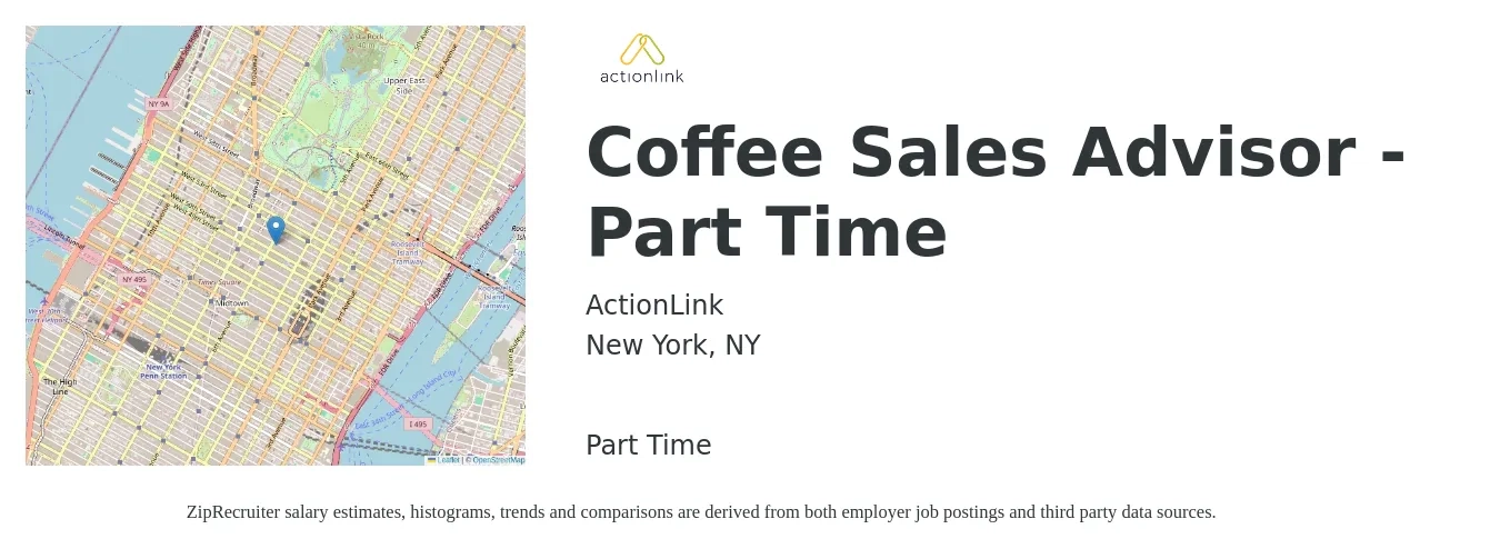 ActionLink job posting for a Coffee Sales Advisor - Part Time in New York, NY with a salary of $22 to $36 Hourly with a map of New York location.