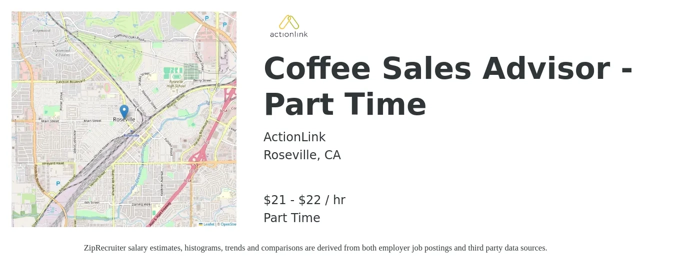 ActionLink job posting for a Coffee Sales Advisor - Part Time in Roseville, CA with a salary of $22 to $23 Hourly with a map of Roseville location.