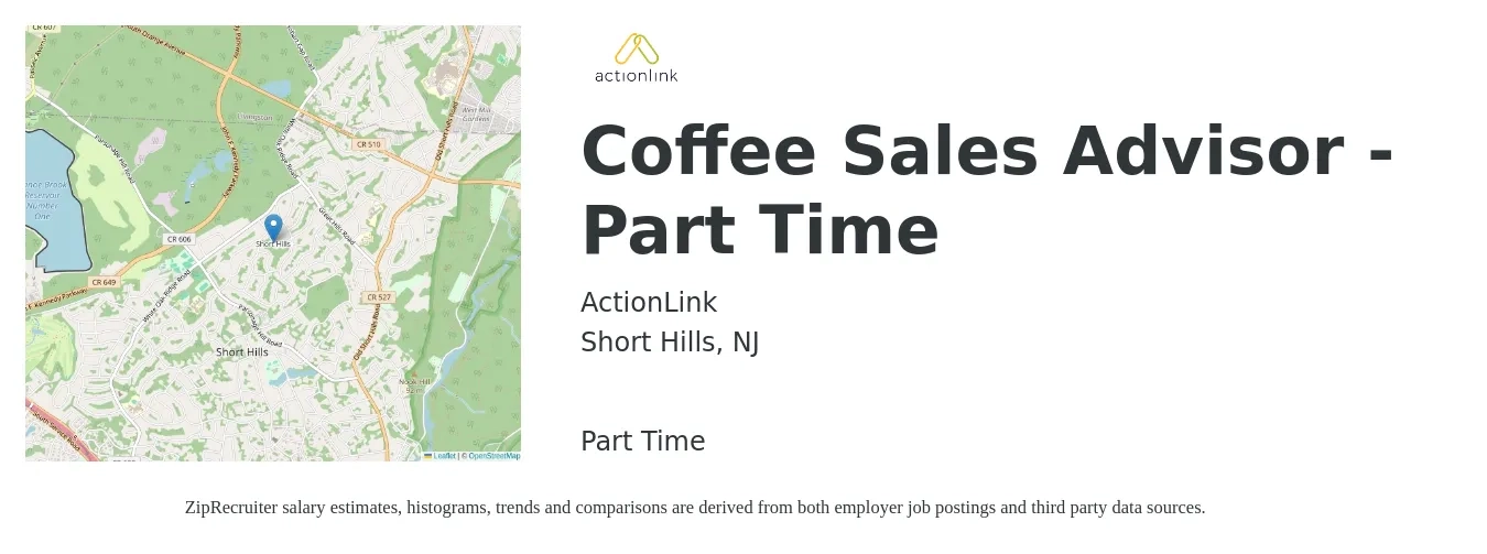 ActionLink job posting for a Coffee Sales Advisor - Part Time in Short Hills, NJ with a salary of $22 to $36 Hourly with a map of Short Hills location.