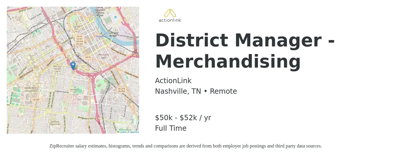 ActionLink job posting for a District Manager - Merchandising in Nashville, TN with a salary of $50,000 to $52,000 Yearly with a map of Nashville location.