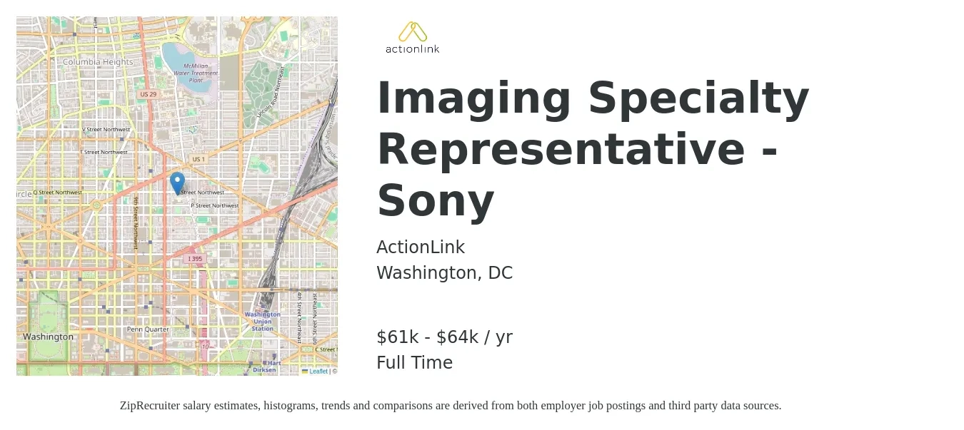 ActionLink job posting for a Imaging Specialty Representative - Sony in Washington, DC with a salary of $61,000 to $64,000 Yearly with a map of Washington location.
