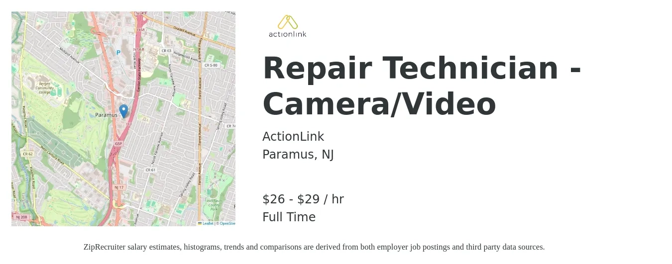 ActionLink job posting for a Repair Technician - Camera/Video in Paramus, NJ with a salary of $28 to $31 Hourly with a map of Paramus location.