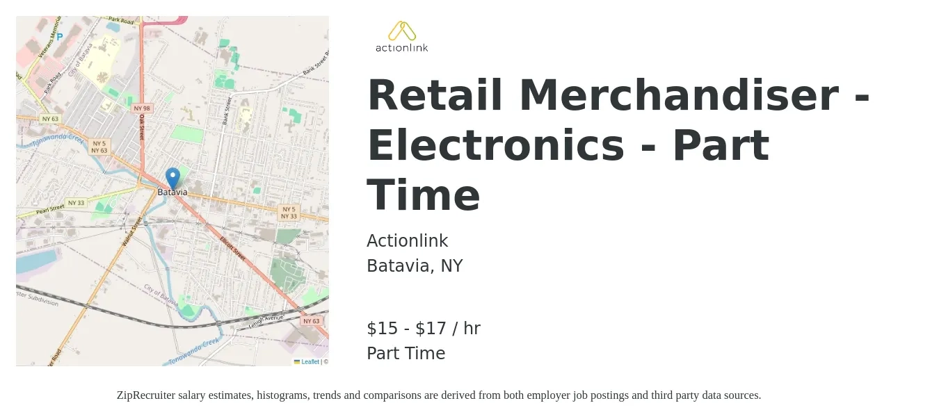 Actionlink job posting for a Retail Merchandiser - Electronics - Part Time in Batavia, NY with a salary of $16 to $18 Hourly with a map of Batavia location.