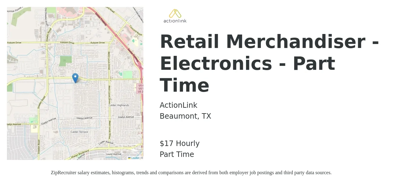 Actionlink job posting for a Retail Merchandiser - Electronics - Part Time in Beaumont, TX with a salary of $18 Hourly with a map of Beaumont location.