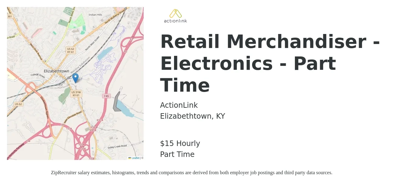 ActionLink job posting for a Retail Merchandiser - Electronics - Part Time in Elizabethtown, KY with a salary of $16 Hourly with a map of Elizabethtown location.