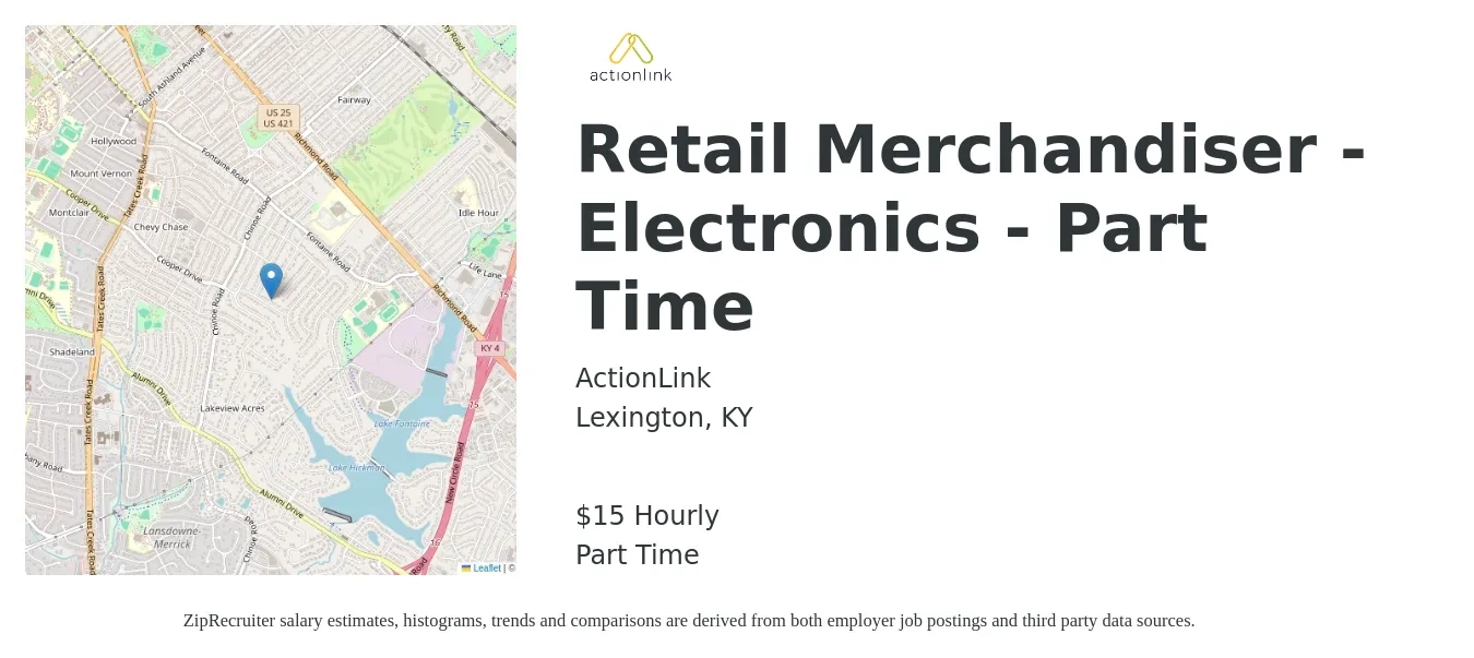 Actionlink job posting for a Retail Merchandiser - Electronics - Part Time in Lexington, KY with a salary of $16 Hourly with a map of Lexington location.