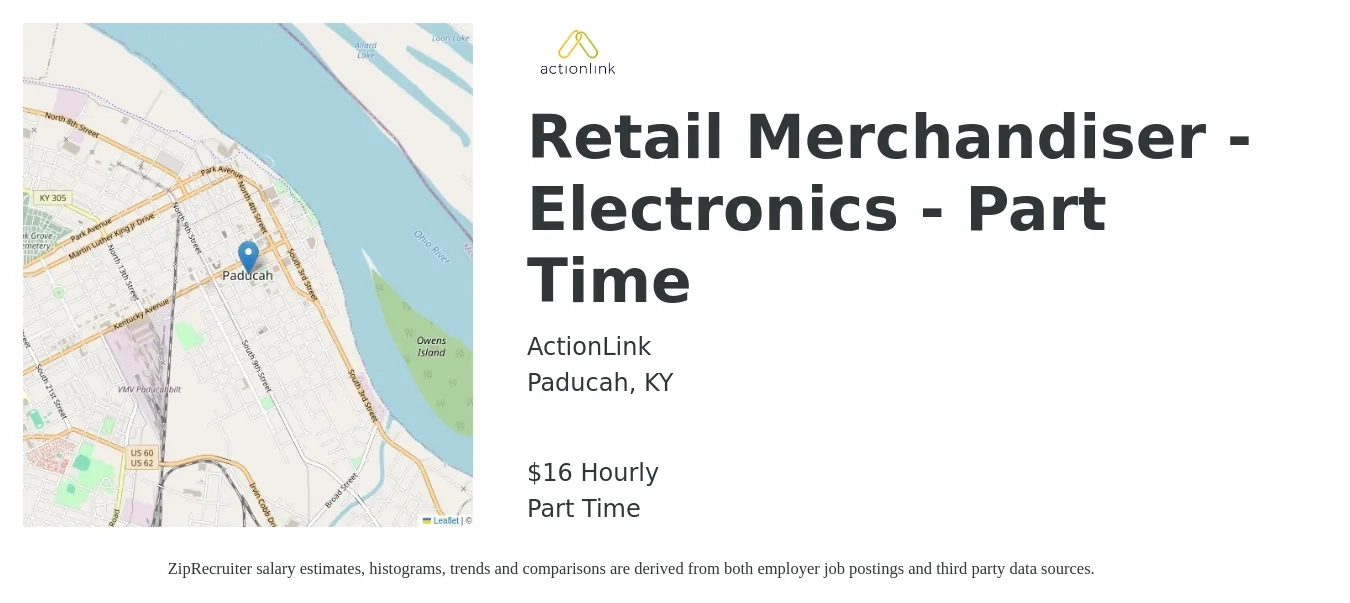 ActionLink job posting for a Retail Merchandiser - Electronics - Part Time in Paducah, KY with a salary of $17 Hourly with a map of Paducah location.