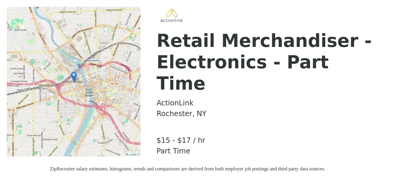 ActionLink job posting for a Retail Merchandiser - Electronics - Part Time in Rochester, NY with a salary of $16 Hourly with a map of Rochester location.