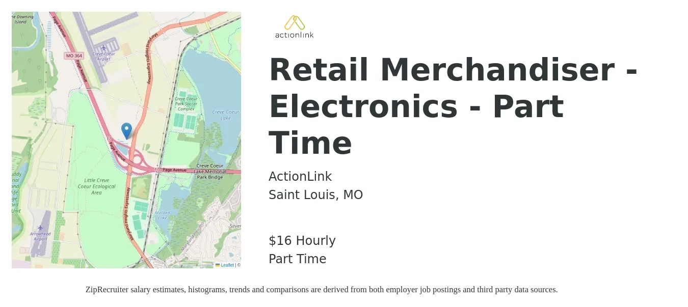 ActionLink job posting for a Retail Merchandiser - Electronics - Part Time in Saint Louis, MO with a salary of $17 Hourly with a map of Saint Louis location.
