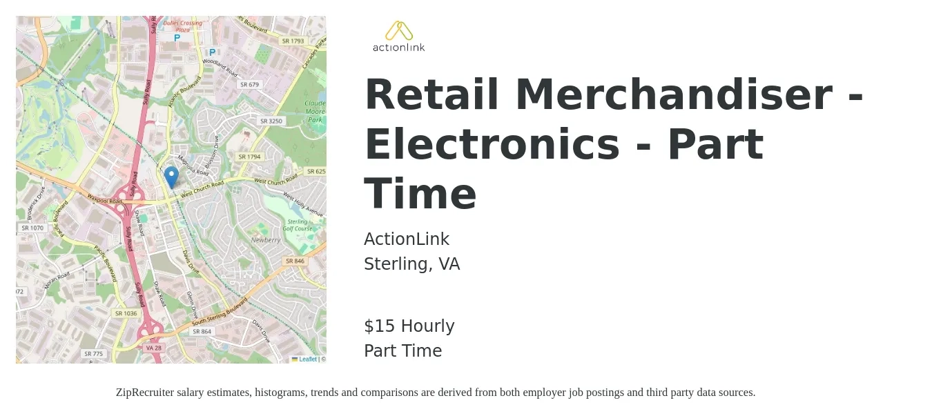 ActionLink job posting for a Retail Merchandiser - Electronics - Part Time in Sterling, VA with a salary of $16 Hourly with a map of Sterling location.