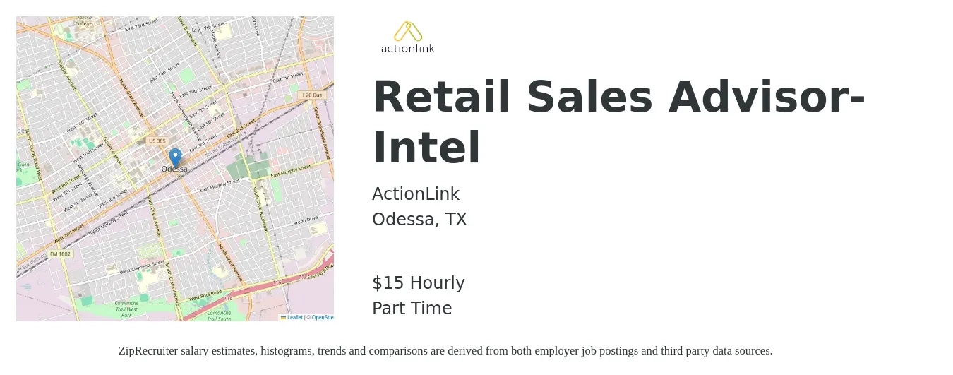 ActionLink job posting for a Retail Sales Advisor- Intel in Odessa, TX with a salary of $16 Hourly with a map of Odessa location.