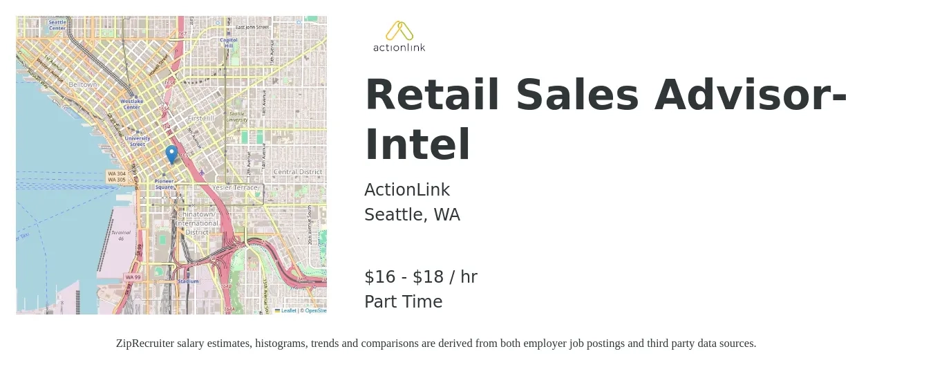 ActionLink job posting for a Retail Sales Advisor- Intel in Seattle, WA with a salary of $17 to $19 Hourly with a map of Seattle location.