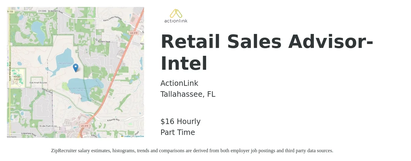 ActionLink job posting for a Retail Sales Advisor- Intel in Tallahassee, FL with a salary of $17 Hourly with a map of Tallahassee location.