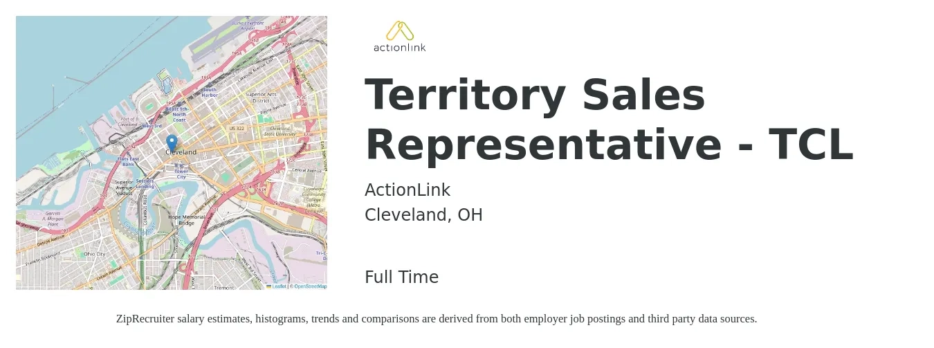 ActionLink job posting for a Territory Sales Representative - TCL in Cleveland, OH with a salary of $45,600 to $75,700 Yearly with a map of Cleveland location.