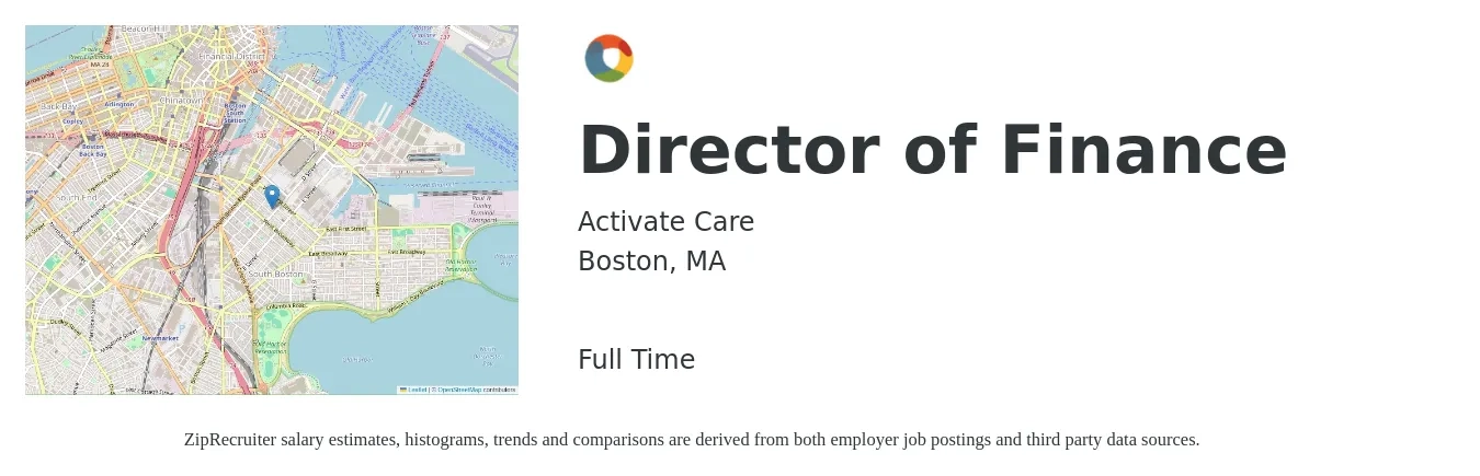 Activate Care job posting for a Director of Finance in Boston, MA with a salary of $109,200 to $166,200 Yearly with a map of Boston location.
