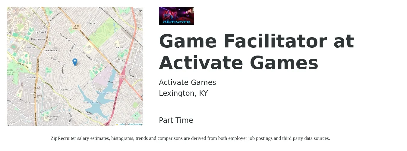 Activate Games job posting for a Game Facilitator at Activate Games in Lexington, KY with a salary of $12 Hourly with a map of Lexington location.