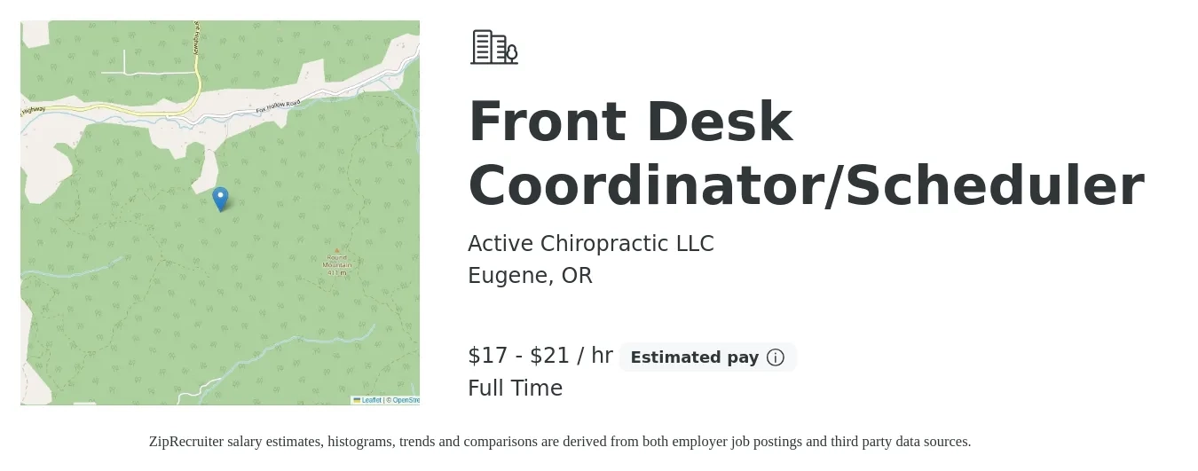 Active Chiropractic LLC job posting for a Front Desk Coordinator/Scheduler in Eugene, OR with a salary of $18 to $22 Hourly with a map of Eugene location.