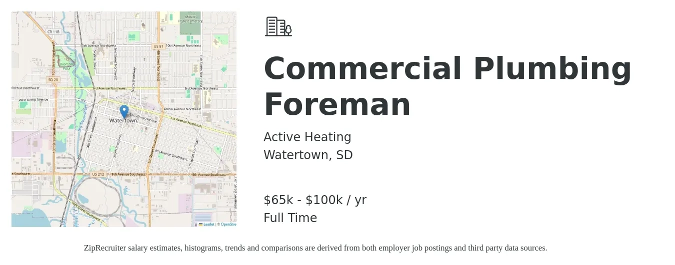 Active Heating job posting for a Commercial Plumbing Foreman in Watertown, SD with a salary of $65,000 to $100,000 Yearly with a map of Watertown location.