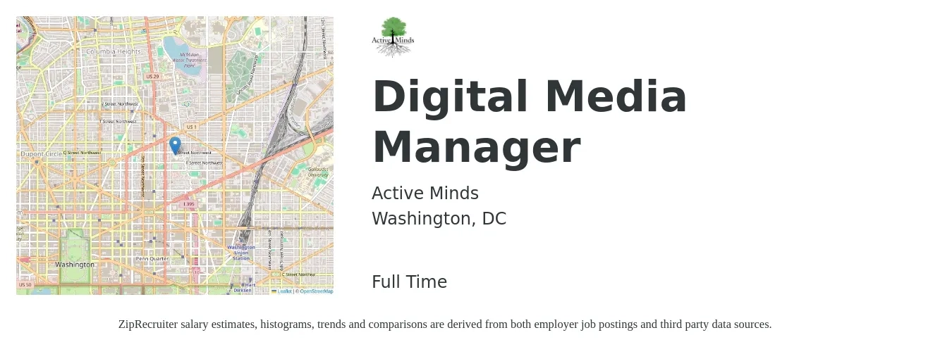 Active Minds job posting for a Digital Media Manager in Washington, DC with a salary of $101,000 to $130,900 Yearly with a map of Washington location.