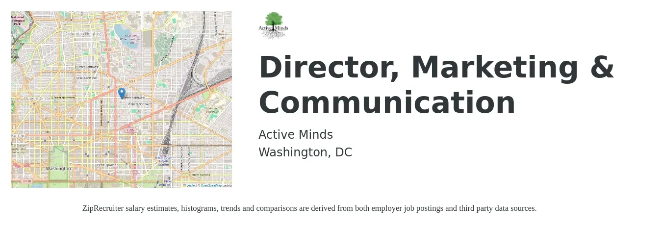 Active Minds job posting for a Director, Marketing & Communication in Washington, DC with a salary of $83,500 to $146,700 Yearly with a map of Washington location.