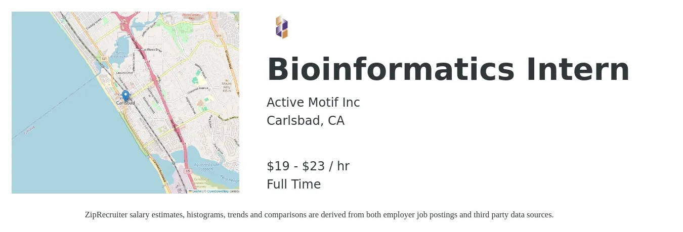 Active Motif Inc job posting for a Bioinformatics Intern in Carlsbad, CA with a salary of $20 to $24 Hourly with a map of Carlsbad location.