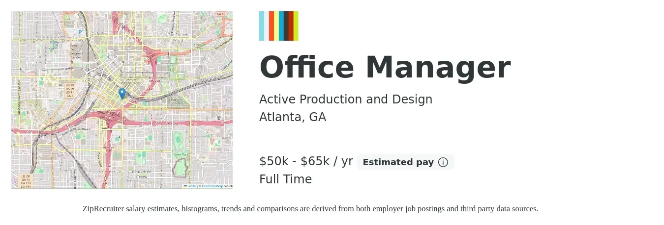 Active Production and Design job posting for a Office Manager in Atlanta, GA with a salary of $50,000 to $65,000 Yearly with a map of Atlanta location.