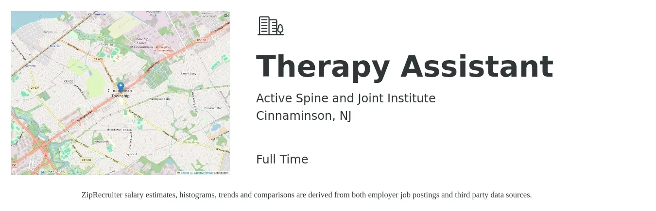 Active Spine and Joint Institute job posting for a Therapy Assistant in Cinnaminson, NJ with a salary of $18 to $25 Hourly with a map of Cinnaminson location.
