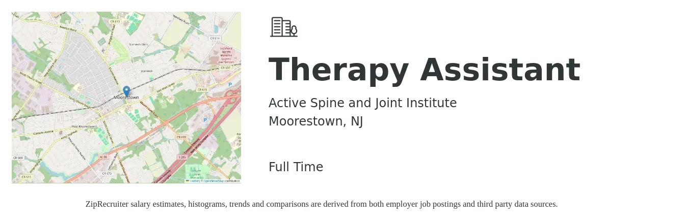 Active Spine and Joint Institute job posting for a Therapy Assistant in Moorestown, NJ with a salary of $18 to $24 Hourly with a map of Moorestown location.