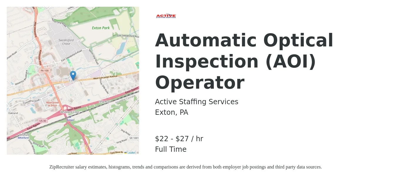 Active Staffing Services job posting for a Automatic Optical Inspection (AOI) Operator in Exton, PA with a salary of $23 to $29 Hourly with a map of Exton location.