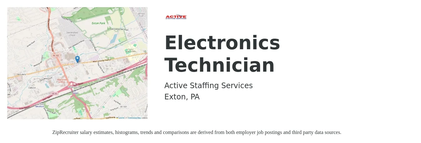 Active Staffing Services job posting for a Electronics Technician in Exton, PA with a salary of $44,400 to $67,600 Yearly with a map of Exton location.