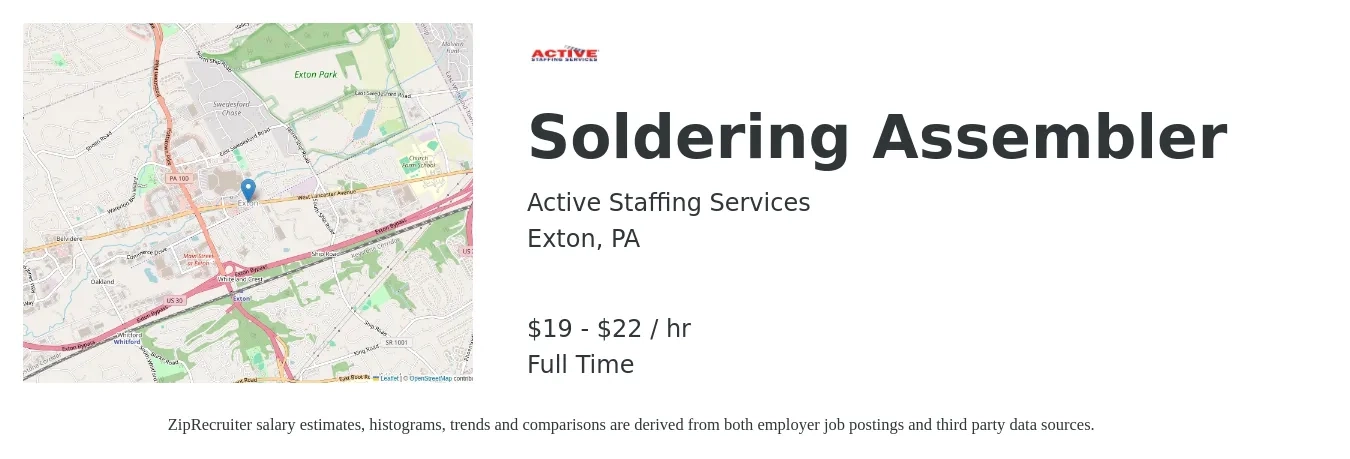 Active Staffing Services job posting for a Soldering Assembler in Exton, PA with a salary of $20 to $23 Hourly with a map of Exton location.
