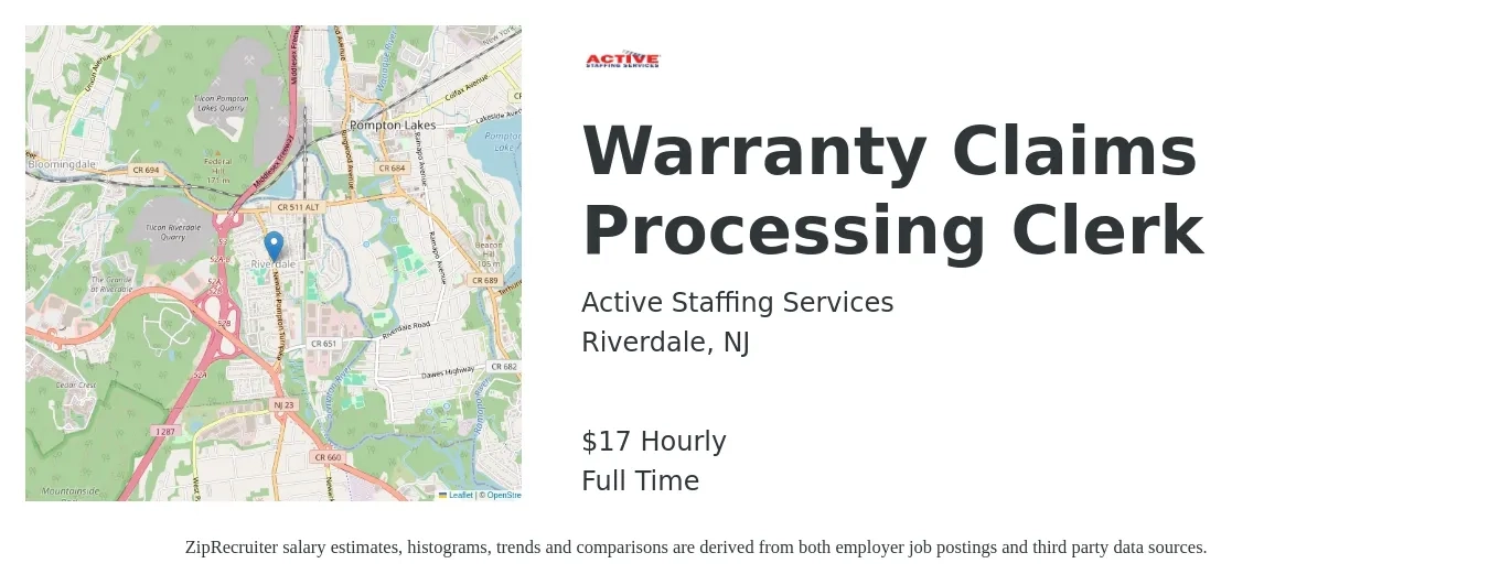 Active Staffing Services job posting for a Warranty Claims Processing Clerk in Riverdale, NJ with a salary of $18 Hourly with a map of Riverdale location.