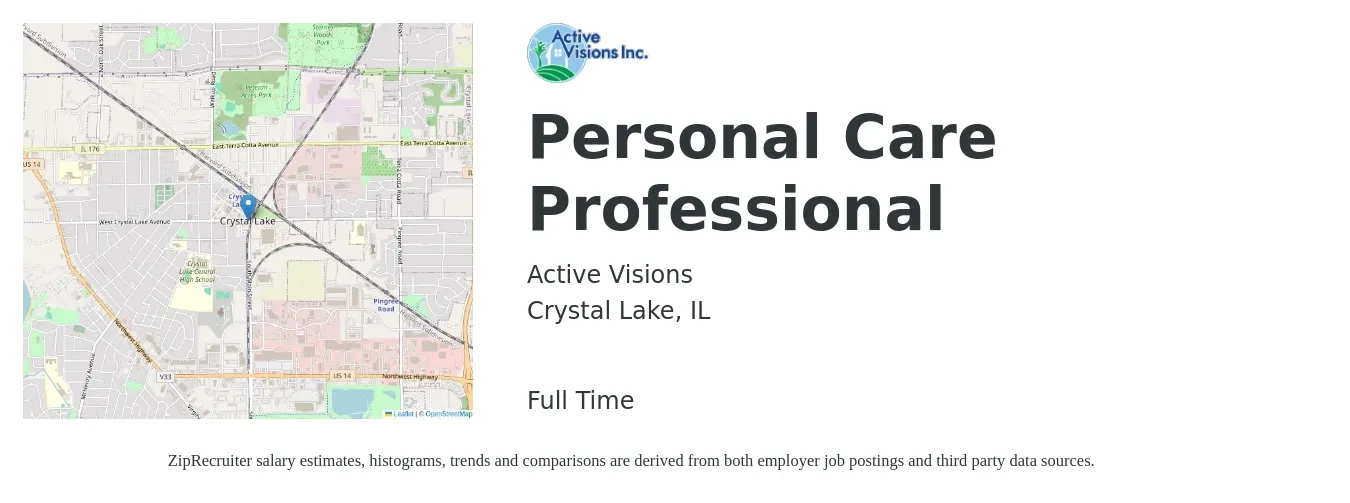 Active Visions job posting for a Personal Care Professional in Crystal Lake, IL with a salary of $14 to $16 Hourly with a map of Crystal Lake location.