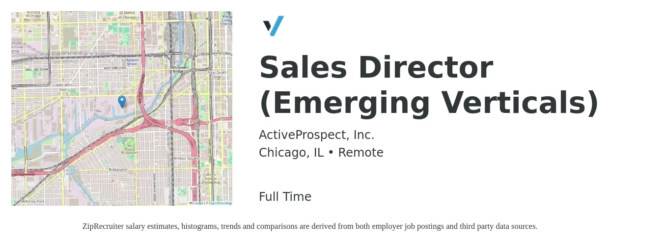 ActiveProspect, Inc. job posting for a Sales Director (Emerging Verticals) in Chicago, IL with a salary of $72,600 to $128,800 Yearly with a map of Chicago location.