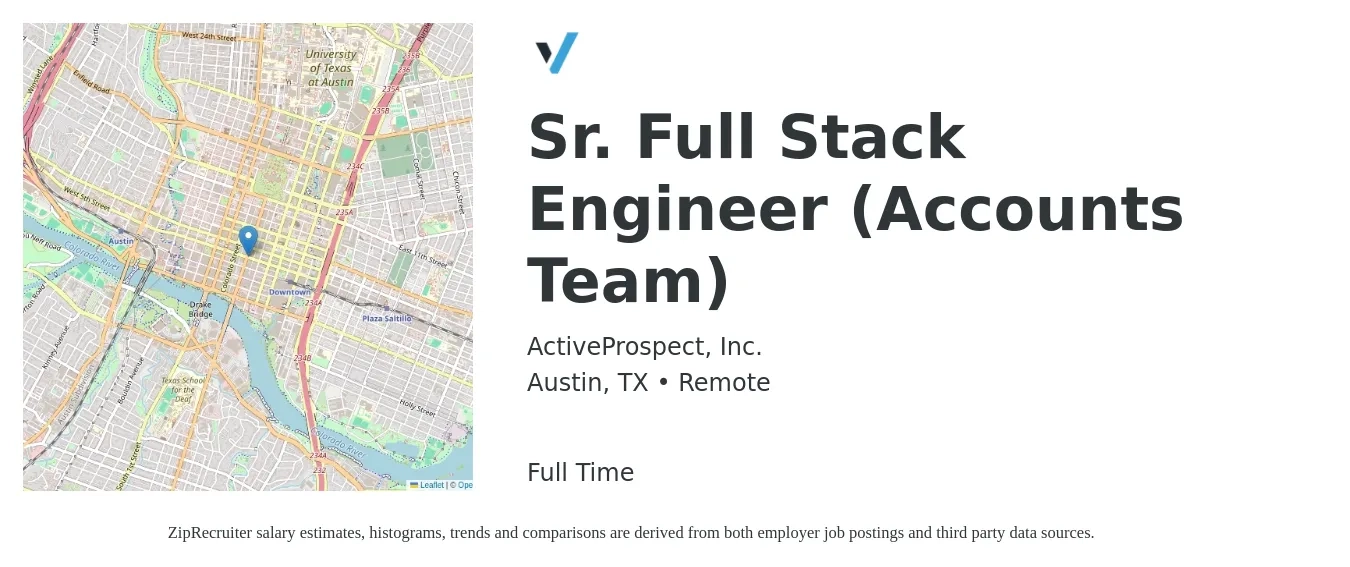 ActiveProspect, Inc. job posting for a Sr. Full Stack Engineer (Accounts Team) in Austin, TX with a salary of $110,000 to $156,600 Yearly with a map of Austin location.