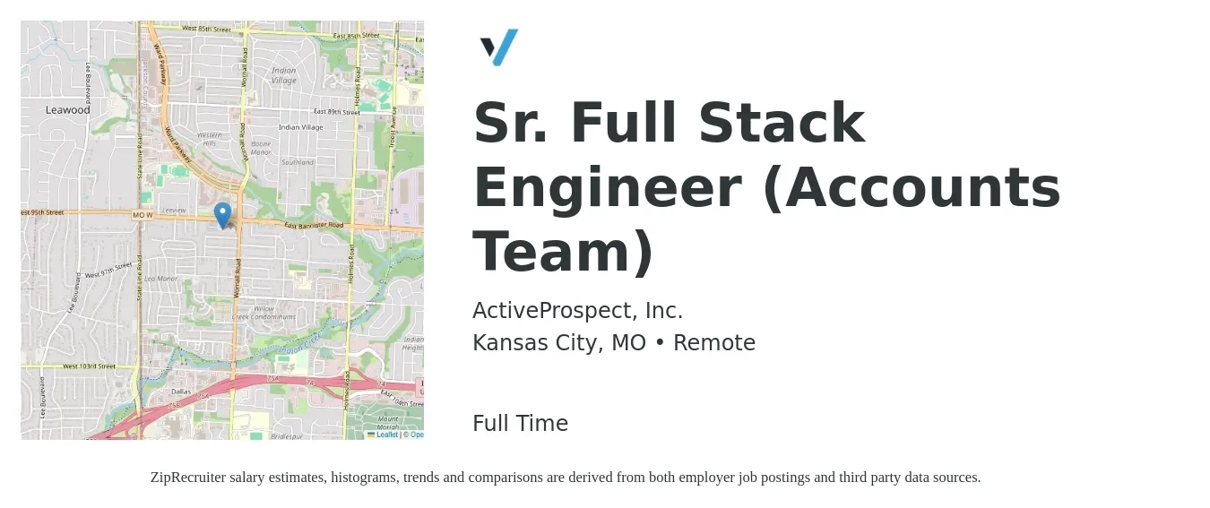 ActiveProspect, Inc. job posting for a Sr. Full Stack Engineer (Accounts Team) in Kansas City, MO with a salary of $108,300 to $154,200 Yearly with a map of Kansas City location.