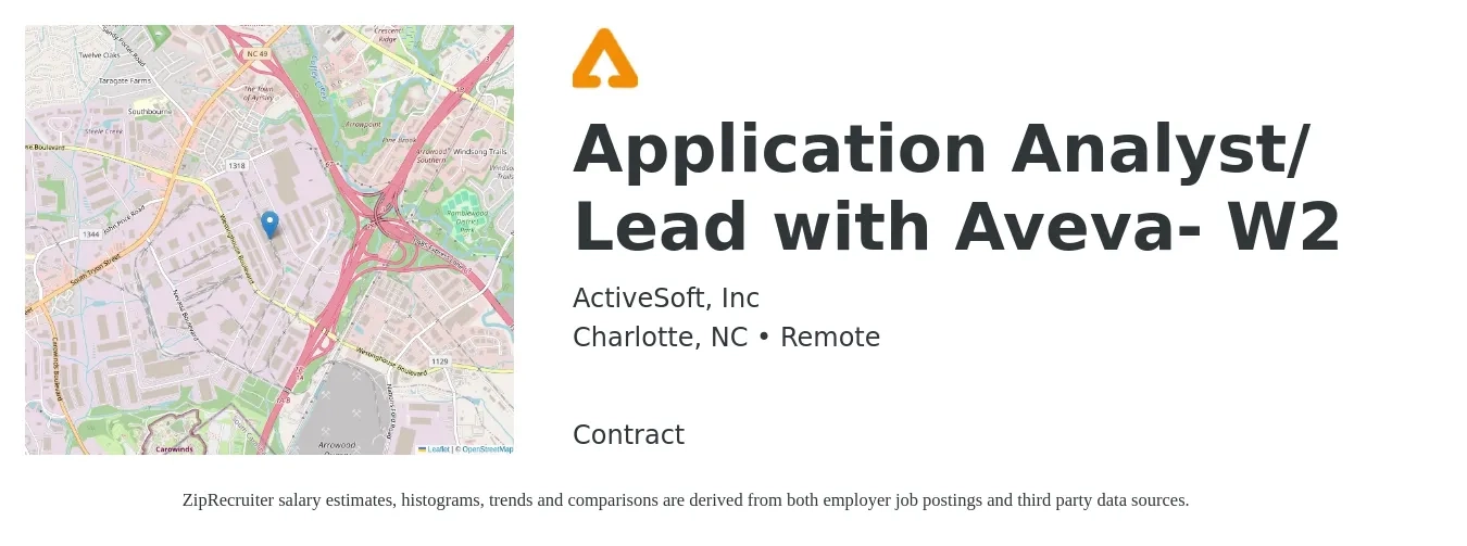 ActiveSoft, Inc job posting for a Application Analyst/ Lead with Aveva- W2 in Charlotte, NC with a salary of $63,000 to $91,800 Yearly with a map of Charlotte location.