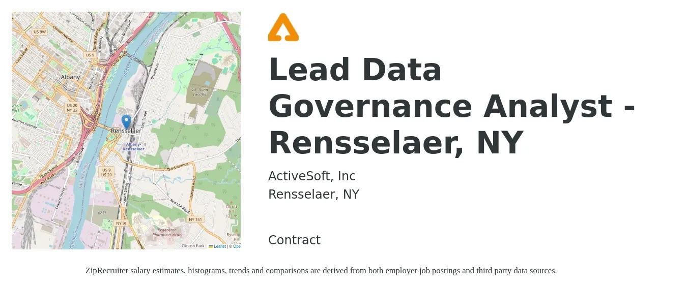 ActiveSoft, Inc job posting for a Lead Data Governance Analyst - Rensselaer, NY in Rensselaer, NY with a salary of $42 to $69 Hourly with a map of Rensselaer location.