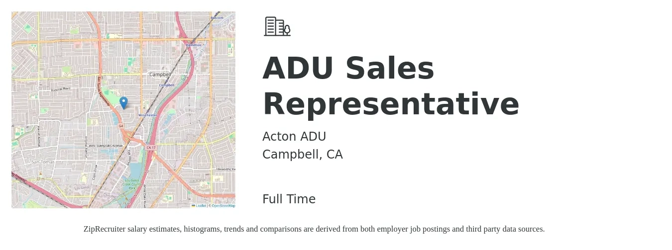 Acton ADU job posting for a ADU Sales Representative in Campbell, CA with a salary of $61,600 to $107,200 Yearly with a map of Campbell location.