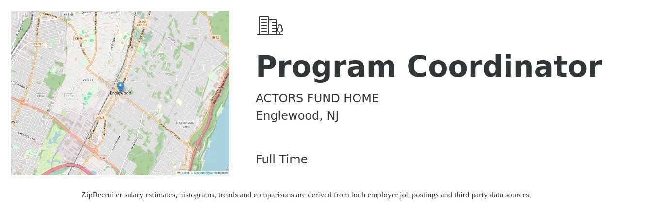 ACTORS FUND HOME job posting for a Program Coordinator in Englewood, NJ with a salary of $44,100 to $65,100 Yearly with a map of Englewood location.