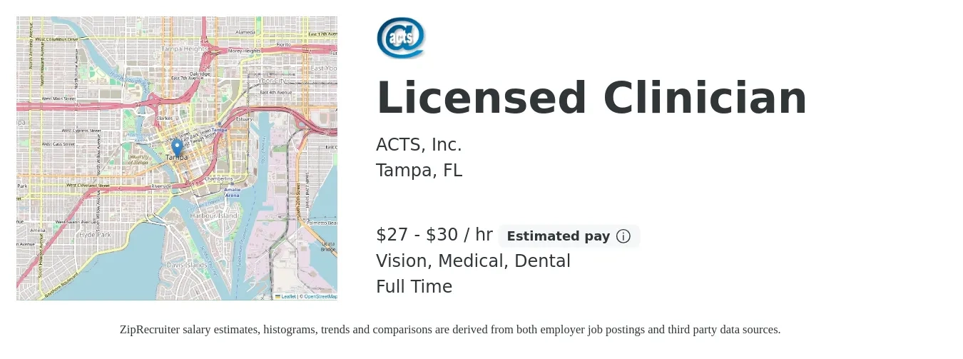 ACTS, Inc. job posting for a Licensed Clinician in Tampa, FL with a salary of $29 to $32 Hourly and benefits including dental, life_insurance, medical, retirement, and vision with a map of Tampa location.