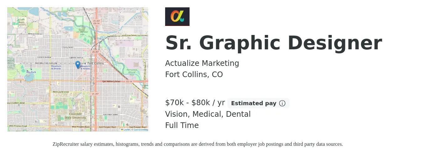 Actualize Marketing job posting for a Sr. Graphic Designer in Fort Collins, CO with a salary of $70,000 to $80,000 Yearly and benefits including pto, retirement, vision, dental, life_insurance, and medical with a map of Fort Collins location.