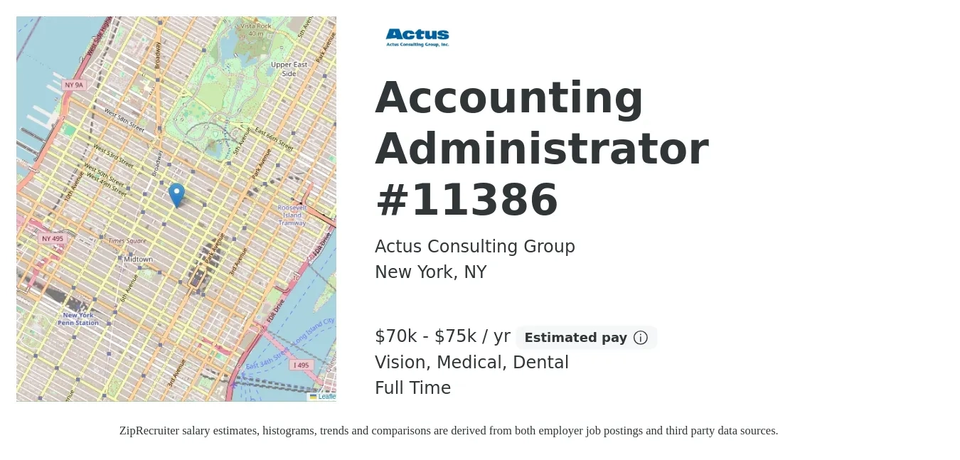 Actus Consulting Group job posting for a Accounting Administrator #11386 in New York, NY with a salary of $70,000 to $75,000 Yearly and benefits including dental, medical, retirement, and vision with a map of New York location.