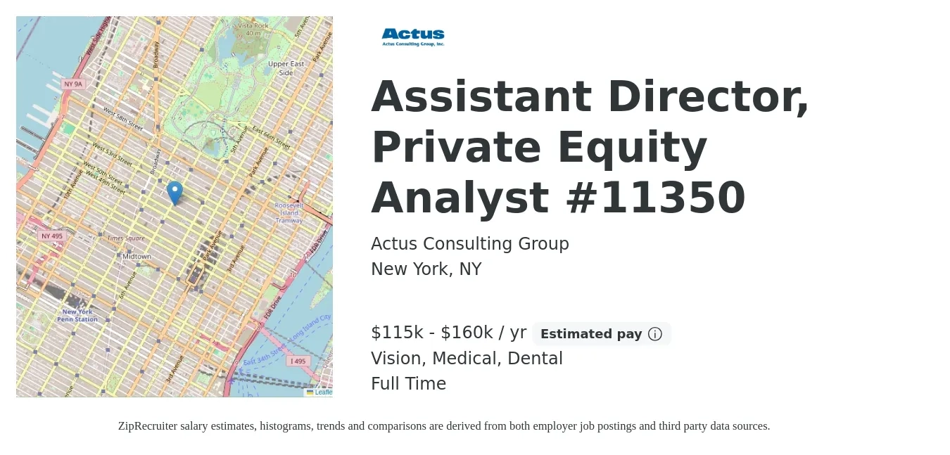 Actus Consulting Group job posting for a Assistant Director, Private Equity Analyst #11350 in New York, NY with a salary of $115,000 to $160,000 Yearly and benefits including dental, life_insurance, medical, pto, and vision with a map of New York location.