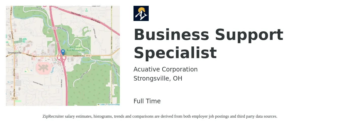 Acuative Corporation job posting for a Business Support Specialist in Strongsville, OH with a salary of $42,900 to $76,600 Yearly with a map of Strongsville location.