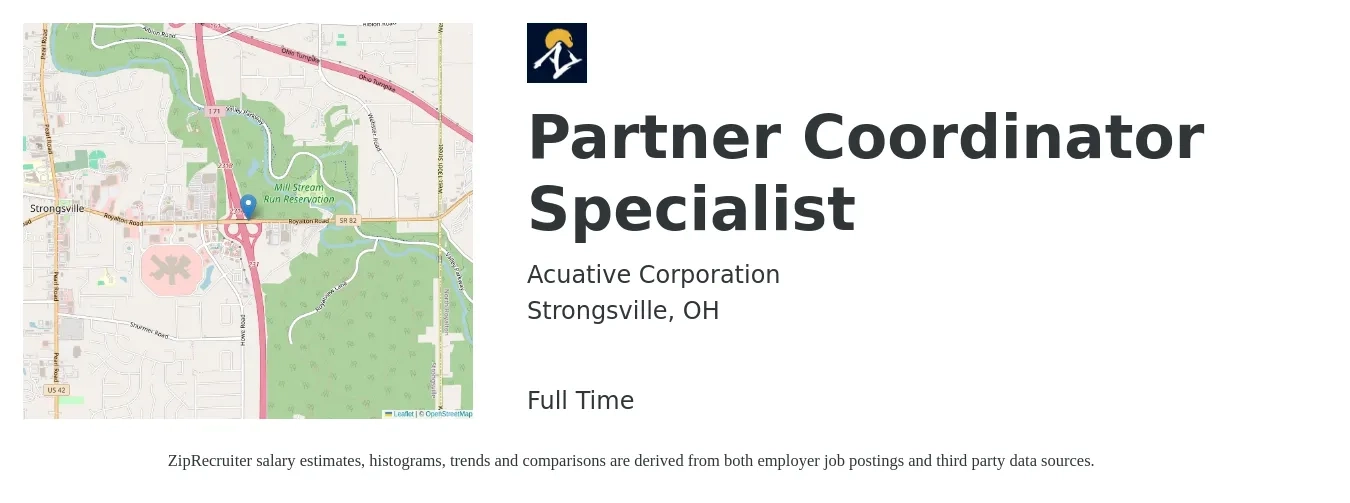 Acuative Corporation job posting for a Partner Coordinator Specialist in Strongsville, OH with a salary of $18 to $26 Hourly with a map of Strongsville location.