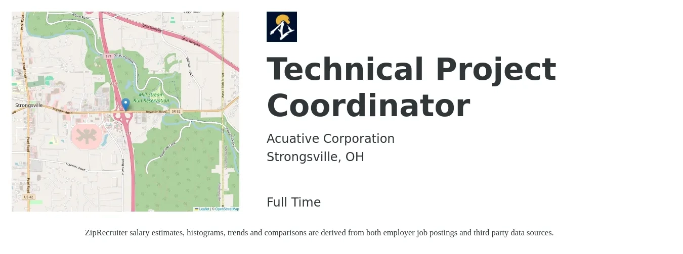 Acuative Corporation job posting for a Technical Project Coordinator in Strongsville, OH with a salary of $28 to $44 Hourly with a map of Strongsville location.